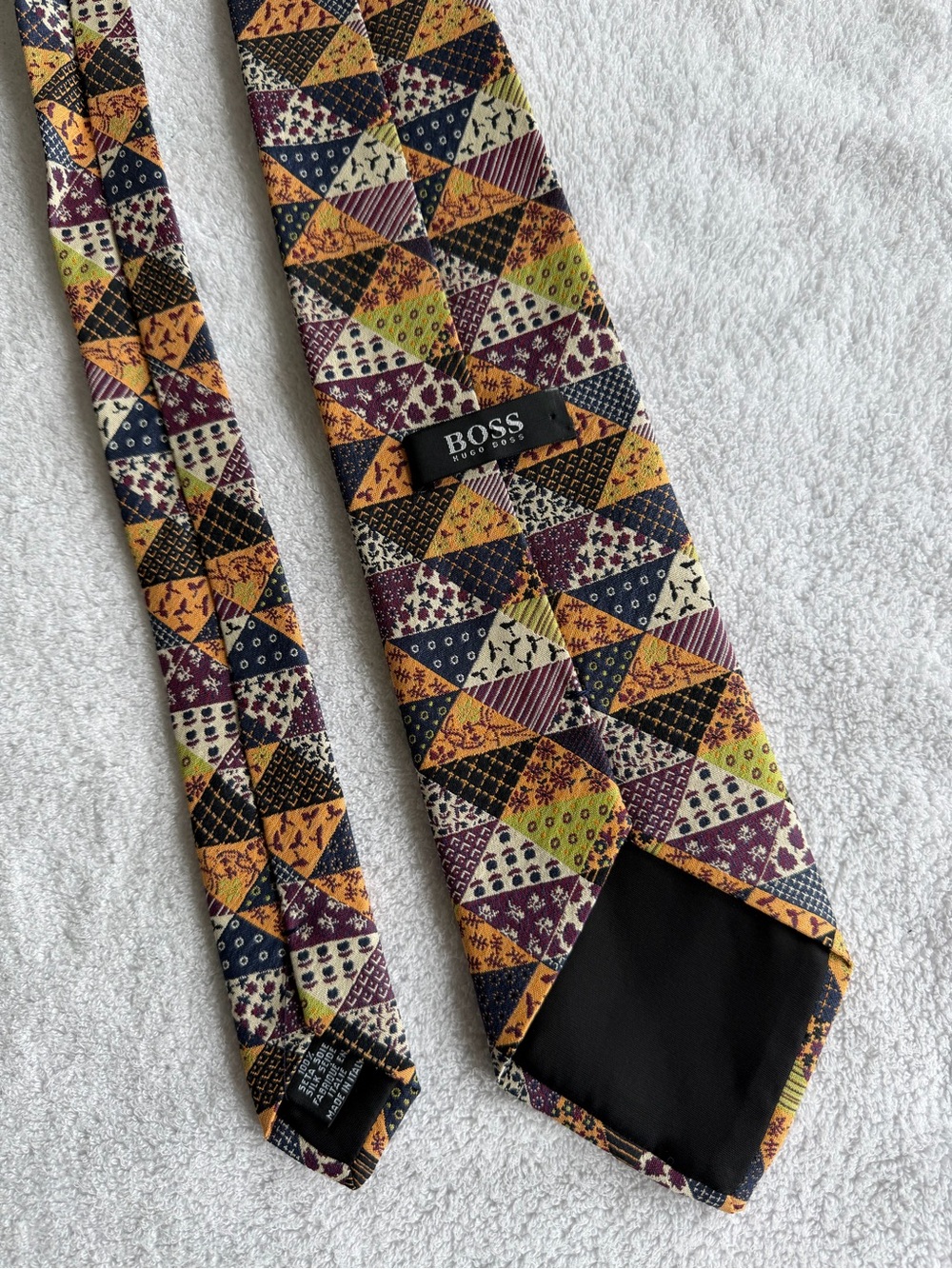 Boss Hugo Boss Multi Patchwork Geometric Tapestry 100% Silk Tie Italy 57.5 x 4